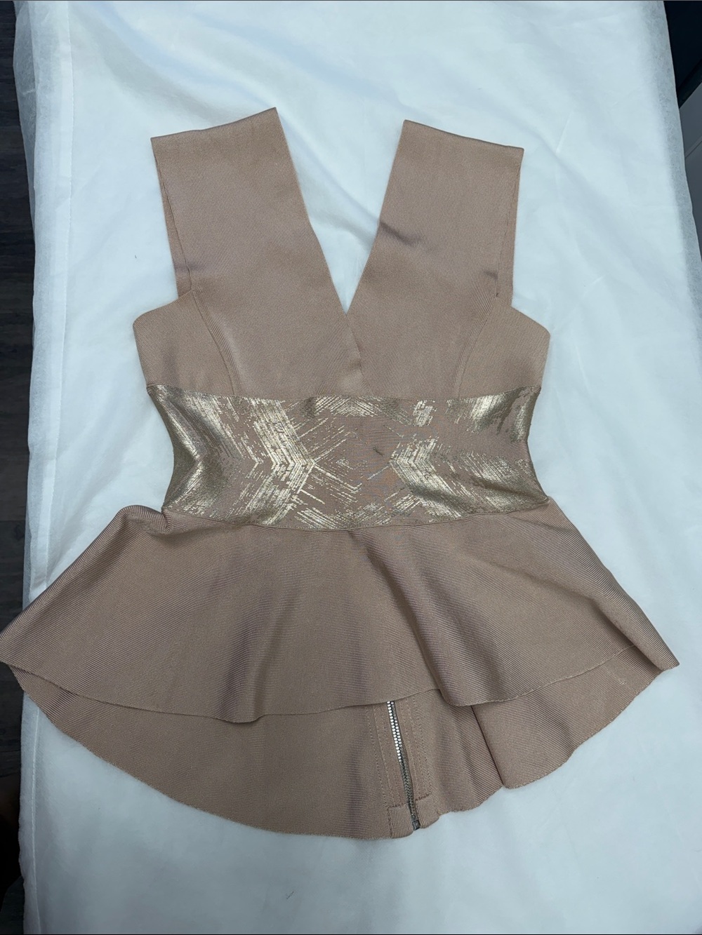 Herve Leger Beige Peplum Bandage Top with Gold Waist Detail